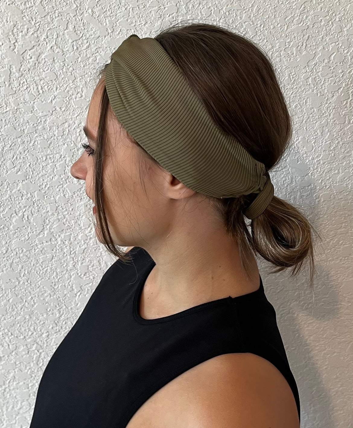 Olive Green Laze Headband left-side view - athletic soft headband for women with built-in hair tie and stretch comfort