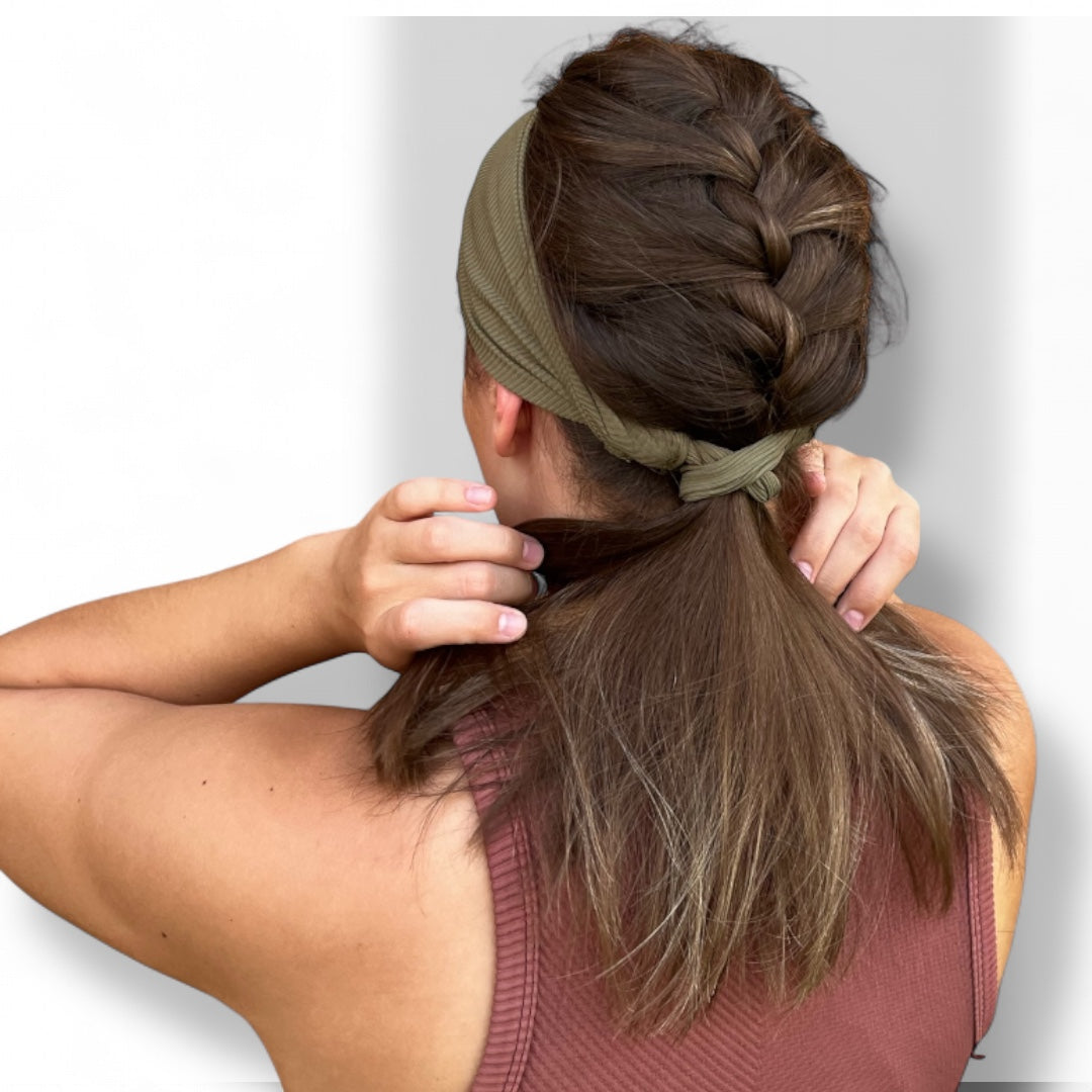 Athletic olive laze headband with built-in hair tie, gentle on hairline and scalp.