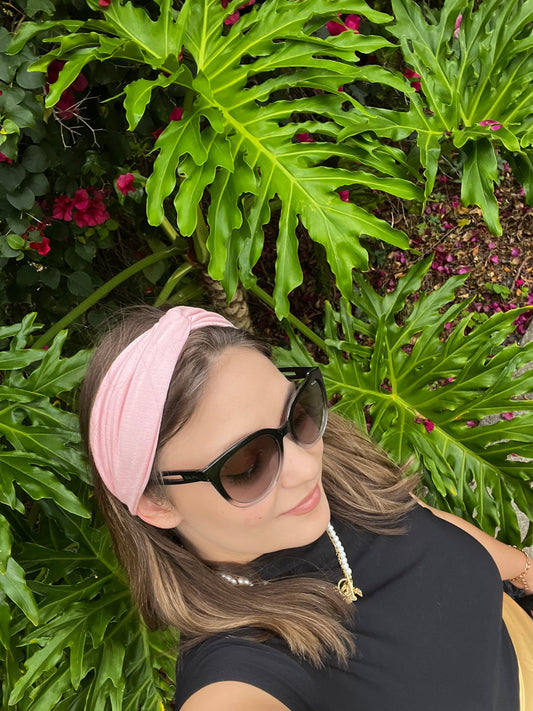 Side view of Soft Blush Pink Laze Headband showing twist front and scrunchie-back fit